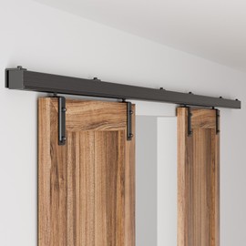 BONIKLUBA 10FT/120" Box Rail Sliding Barn Door Hardware,Wall Mount Box Track Exterior Kit for Double Door,Black Heavy Duty(No Door)