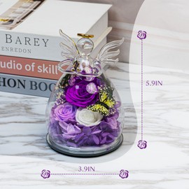 Preserved Purple Flowers in Angel Glass dome - Fresh Enternal Flowers with Angel Necklace for Delivery Prime - Glass Rose Flowers with Butterfly LED Light Mothers Day Birthday Gift for Women (Purple)