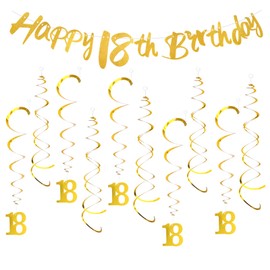 18th Birthday Decoration Set Includes 1 Banner with 20 Hanging Spins, Gold with Ambience Decoration 18th Birthday Man and Women for Parties, Gatherings and Dances