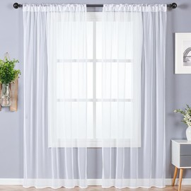 Alaoo Set of 2 Voile Curtains, 56 x 47 Inches White Net Curtains Woven Eyelet Voile Sheer Panels Semi Transparent Window Treatment for Kitcken Living Room Bedroom