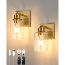 Battery Operated Wall Sconce Set of 2, Dimmable Wireless Sconces with Remote and Touch Control, Rechargeable Wall Lights Modern Cordless Lighting for Living Room, Bedroom, Brushed Gold with 2 E26 Bulb