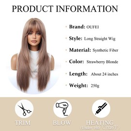 OUFEI Strawberry Blonde Wigs for Women with Bangs Long Natural Straight Synthetic Hair Heat Resistant Wigs for Daily Party Cosplay Wear
