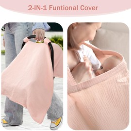 Hooyax 2-in-1 Baby Car Seat Cover & Nursing Cover, 100% Muslin Cotton, Breathable Car Seat Canopy and Privacy Breastfeeding Cover, Pink