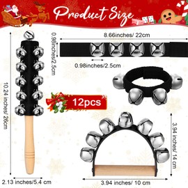 Lukmaa 12 PCS Christmas Hand Jingle Bells Wooden Handle Bells Wrist Band Shaking Bells Stick Musical Percussion Instrument Bells for Xmas Holiday Music Enlightenment Birthday Party Favors (Black)