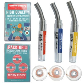 Lonely Binary Soldering and Desoldering Kit – 3 Sizes Rosin Core Solder Wire (0.6mm, 0.8mm, 1.0mm) + 3 No-Clean Desoldering Braid Widths (1.5mm, 2.5mm, 3.5mm) for Arduino, Raspberry Pi, ESP32