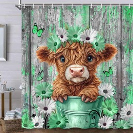 Cortina de ducha de vaca, rústico, floral, divertidas, para baño, diseño de margaritas occidentales, lindas flores y mariposas en el campo, decoración de baño con ganchos, 36 x 72 pulgadas
