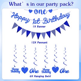 1st Birthday Party Decorations Boys - Blue Happy Birthday Banner Bunting Set with Glitter Garland, Baby First Heart Hanging Swirls for One Birthday Party Supplies