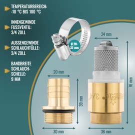 Poppstar Suction Filter Set, Foot Valve with Check Valve 3/4 Inch Made of Brass, Suction Basket Made of Stainless Steel, Nozzle and Hose Clamp