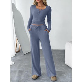 Trendy Queen Women's 2 Piece Matching Lounge Sets Fall Fashion Outfits Henley Neck Sweater Top Wide Leg Pants Sweat Suits Airport Travel Clothes Casual Sweatsuit Loungewear 2025 Navy Blue M