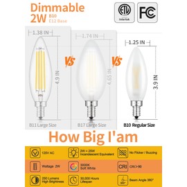 CRLight LED Candelabra Bulb 25W Equivalent 250LM, 3000K Soft White 2W Chandelier Light Bulbs, E12 Vintage Edison B10 Frosted Glass Dimmable LED Candle Bulbs, 6 Pack