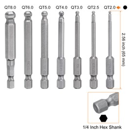 HARFINGTON 7pcs Ball End Hex Screwdriver Bit Set QT2.0/QT2.5/QT3.0/QT4.0/QT5.0/QT6.0/QT8.0 S2 Steel 1/4" Hex Shank 2.6" Length Magnetic Hexagon Head Power Drill Bits