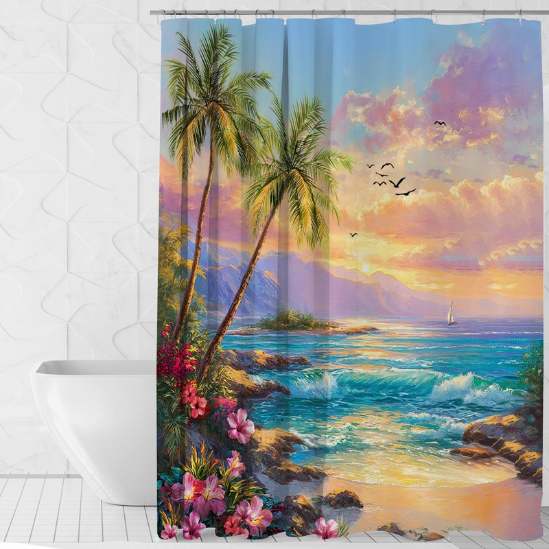 Mocsicka Beach Coastal Seaside Shower Curtain (Multicolor, 71x71 Inch)