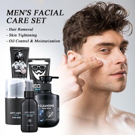 Skin Care Set for Men,Mens Skin Care Kit with Shaving Cream,Hair Removal Cream,Moisturizing Serum,Face Cream,Facial Cleanser, Men's Facial Skincare Gift Set for All Skin Types,5PCS