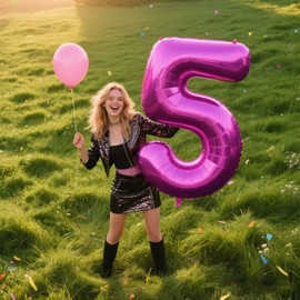 40 Inch Rose Purple Large Balloon Number 5 Balloon,Jumbo Mylar Foil Helium Balloon for 5 15 25 35 45 55 Birthday Digital Balloons for Birthday Party,Wedding Anniversary Party Decorations