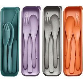 Travel Utensils-Reusable Travel Utensils with Case, Portable Camping Cutlery Set for Office Lunch School Picnic or Daily Use (Grey, Purple, Dark Green, Orange)