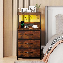 SZLHANJZ Nightstand, Dresser Nightstand with Charging Station and Led Lights, 3 Drawers Night Stand with Storage Shelf and Hooks, Tall End Side Table for Bedroom, Rustic Brown