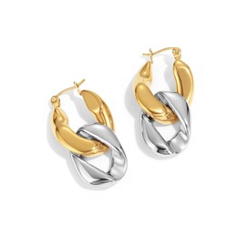 PANSTAR 18K Gold Plated Dangle Earrings, Geometric Chain Style, Gold Vermeil Earrings, Gold Tone Chunky Hoop Earrings (Silver & Gold)