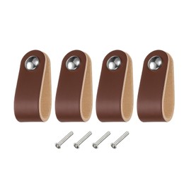 sourcing map 4 Packs Leather Drawer Pulls, Single Hole Leather Drawer Knobs Furniture Dresser Handles Pulls with Screws for Dressers Drawers Closet Kitchen Cupboard, Brown/Silver