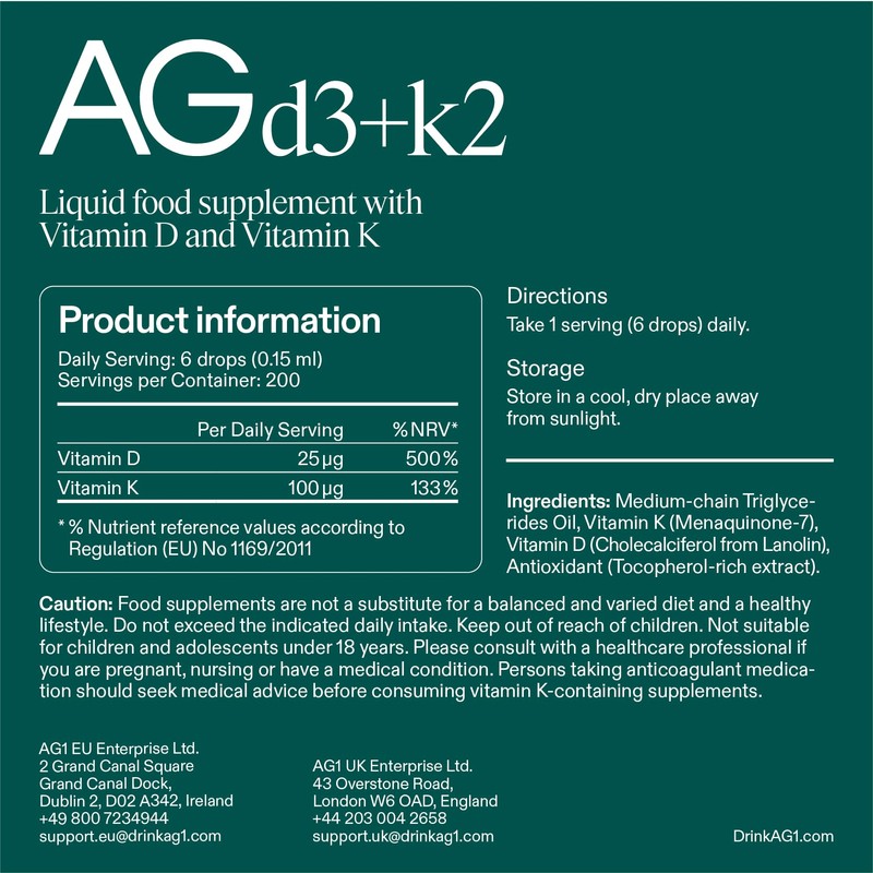 AG1 Vitamin D3 K2 Drops, 1000IU of Vitamin D3 and