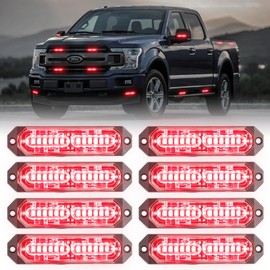PKINGLAKE 8-Pcs 12 LED Sync Feature Emergency Strobe Grille Lights Ultra Slim Surface Mount Hazard Warning Flashing Light Bar for Firefighter/Construction/Police/Trucks/Vehicles/Car/SUV (Red)