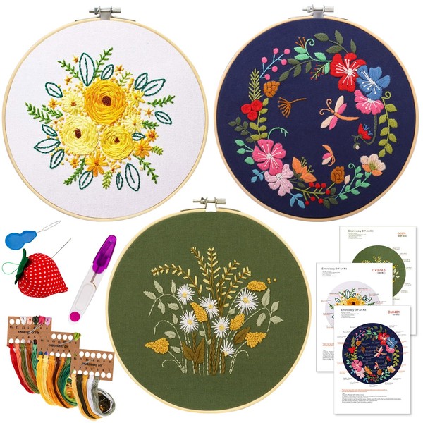 Mocoosy 3 Pack Embroidery Starter Kit for Beginners, 8“ Stamped Embroidery Kit with Pattern and Instructions,Cross Stitch Starter Kits Adults Crafts Include 3 Embroidery Fabric, 3 Bamboo Hoops,Threads