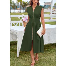 GRACE KARIN Womens Dress to Work V Neck Zipper Front Cap Sleeve Smocked High Waist Business Office Dress Army Green L