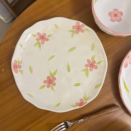 Koythin Ceramic Dessert Plates, Cute Fruits Dinner Plate, Printed Flowers Dinnerware for Office and Home, Kitchen Plates for Desserts (Retro Pink Flower)
