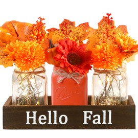 DIYDEC 3PCS Fall Mason Jars 3 * 5Inch Lighting Painted Thanksgiving Tiered Tray Decorative Jars with Wood Tray &Artificial Flowers Wishing Bottles for Autumn Holiday Home Table Centerpiece Decor Gift