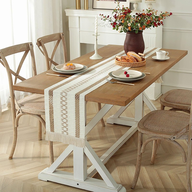 Elegant Table Runner with Long Tassels Cotton Linen Table Runner