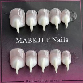 Luxury Press on Nails Short Stiletto Handmade Cat Claw Unique Reusable ABS Material White Fake Nails Eagle Claw False Nails with Gradient Designs Glossy Glue on Nail Curved Thick Acrylic Nail(S)