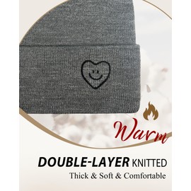 XMMAXFLOW Beanie for Women Men Winter Knit Hats Soft Warm Cuffed Beanie with Smile Face, Heather Grey