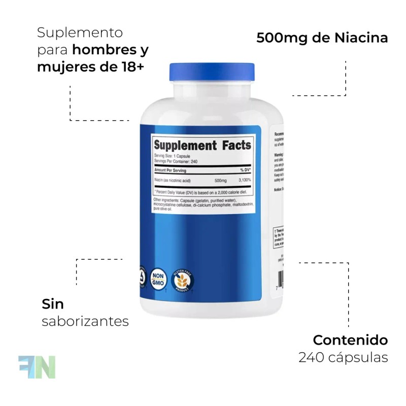 Vitamina B3 Niacin 500mg 240ct Sabor Sin Sabor