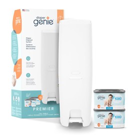 Diaper Genie Premier Nappy Bin Gift Set | Hands-Free Odour Control with Foot Pedal | High Performance Nappy Waste Bin | Includes 2 Jumbo+ Refills (Space for up to 2,160 Newborn Nappies