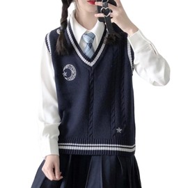 Gdnelhuonox School Vest, V-Neck, Women's, Students, Knit Vest, Student Uniform, School, High School Students, Sleeveless Sweater, Solid, Loose, Spring, Summer, Autumn, Winter, Women's, navy, Free size