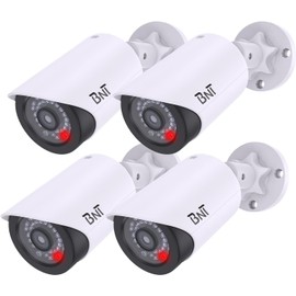 BNT Dummy Fake Security Camera, with One Red LED Light at Night, for Home and Businesses Security Indoor/Outdoor (4 Pack, White)