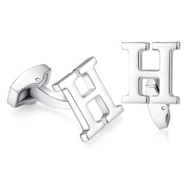 HONEY BEAR Initial Alphabet Letter Cufflinks for Men's Shirt Accessories,Stainless Steel Silver (One Pair H)