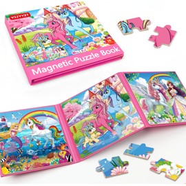 Unicorn Mermaid Princess Magnetic Puzzles for Toddlers 3-5 Girls, 20 Pieces Travel Puzzles for Kids Ages 4-6, Car Airplane Road Trip Activities Games Toys for 3 4 5 Year Old Girls Birthday Gifts