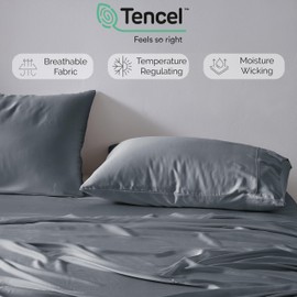 Southshore Fine Living, Inc. Super Soft Tencel Sheets Set, Extra Deep Pocket California King Size, 500 Thread Count Bed Sheets 4 Piece Set with Deep Fitted Sheet, Flat Sheet, 2 Pillowcases; Steel Blue