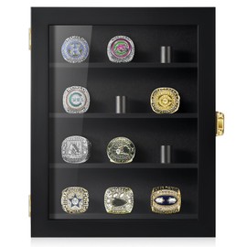 TJ.MOREE Championship Ring Display Case, 12 Ring Posts Baseball Ring Display Case, 8 x 10 Wall Mount Wooden Glass Shadow Box - Black