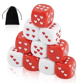 Sweetheart Dice, 25 mm Red and White Acrylic Play Dice, 2 Colours Size Dice Set with Velvet Bag, D6 Polyhedral Dice for Table Games, Math Tutoring, Lovers Games, Party, Pack of 10