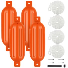 VEITHI Boat Fenders 4 Pack, Ribbed Twin Eyes Vinyl Boat Fenders Bumpers, Boat Bumpers for Docking Come with Ropes Needles and Pump to Inflate, Small Bumpers of Boats 4.5 x 16 inch Neon Orange