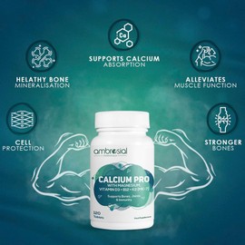 Ambrosial Calcium Pro Vitamin D3 Tablets with Magnesium, Zinc, Vitamin K2 MK-7 & B12, Calcium Citrate Malate Dietary Supplement with Alfalfa & Moringa Extracts for Men & Women, 120 Vegetar
