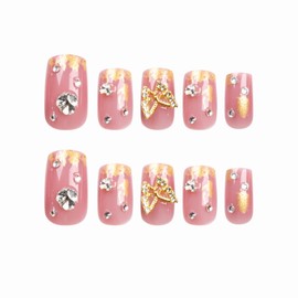 BABALAL Square Press on Nails Medium Fake Nails Pink Glue on Nails Golden Chrome 3D Butterfly Charm Design Acrylic Nails 24Pcs Squoval Stick on False Nails