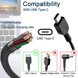 45W 65W USB C AC Charger for Lenovo ThinkPad E14 E15 L13 L15 E480 E485 E490 E580 E585 E590S E595 T490 T580 Yoga 2-in-1 14s-IWL 15 15-IIL 15-IML 16 Yoga 7 14itl5 15itl5 Laptop Power Supply Adapter Cord