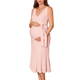 V FOR CITY Spring Summer Maternity Dress Knit Midi Dresses Tie Belt Pregancy Baby Shower Clothes Sleeveless Pink Large