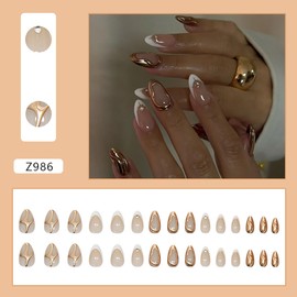 Short Press on Nails Almond Shape French Tip Fake Nails with Rhinestone Gold Line Designs Almond Nails Press Ons Short False Nails Glossy Full Cover Acrylic Nails Glue Stick on Nails for Women