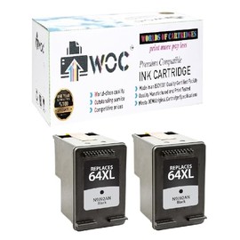 WOC Remanufactured Ink Cartridge Replacement for HP 64 / 64XL (N9J90AN / N9J92AN) (Jumbo Black: 200% Higher Yield) (2-Pack: 2X Black)