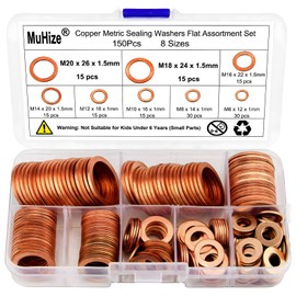 MuHize Copper Washers Kit 150PCS 8 Sizes - Metric Sealing Flats(M6 M8 M10 M12 M14 M16 M18 M20) for Automotive Fuel Line, Oil Pan Repair (Anti-Corrosion)