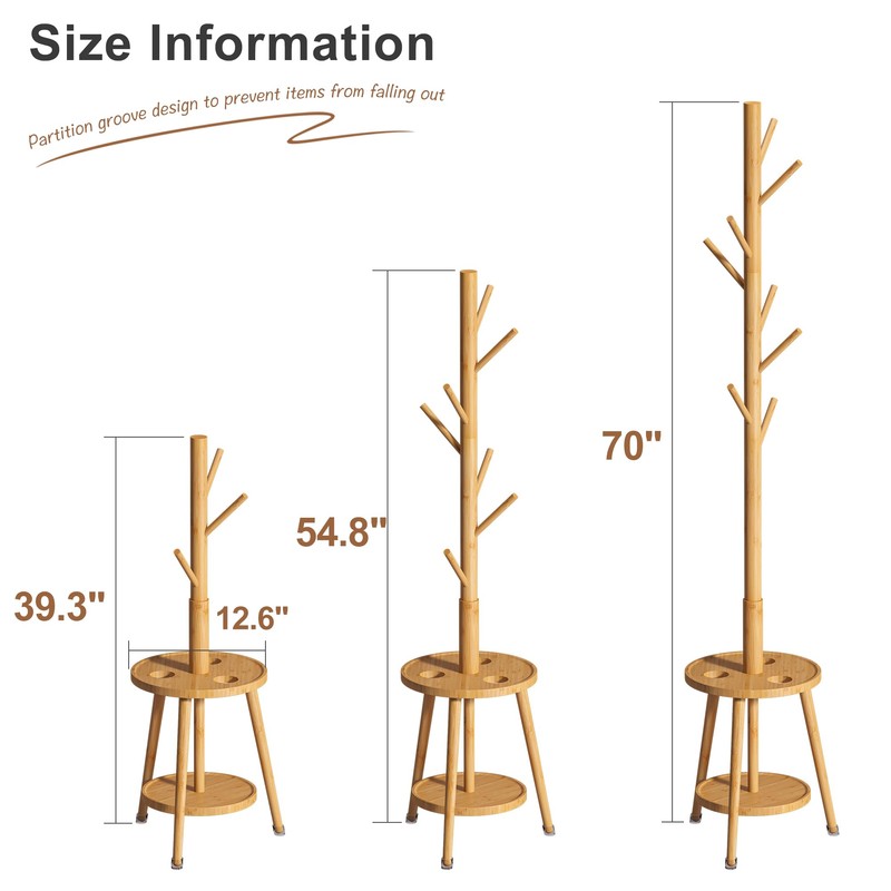 FILWH Freestanding Coat Rack with Umbrella Organizer Tray Bamboo Coat