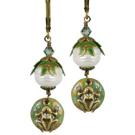 NoMonet Sittin Frog on Flat Glass Lily Pad Earrings, Whimsical Fanciful Freshwater Pearls Crystals & Hand-Painted Leaves, Vintage Filigree, USA-made
